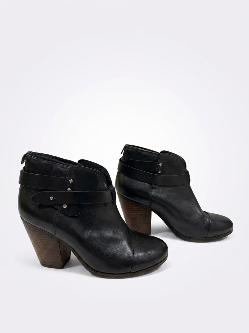 Rag & Bone Black Leather Strap Stacked Heel Ankle Booties Size 38.5 / US 8.5